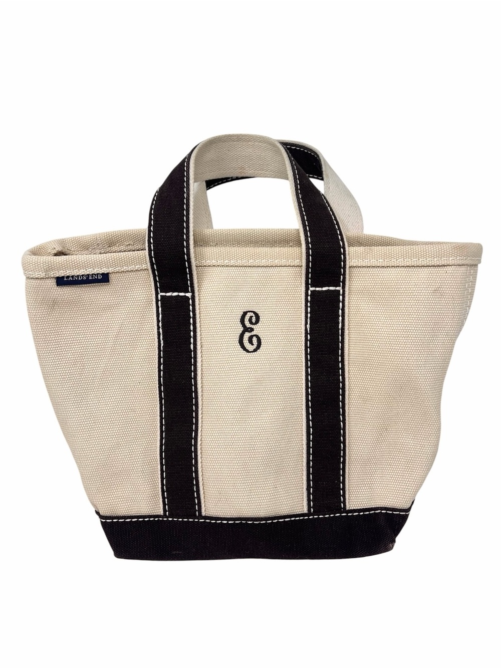 Lands' End Classic Canvas Tote Bag with Dark Brown Trim Monogram “E”